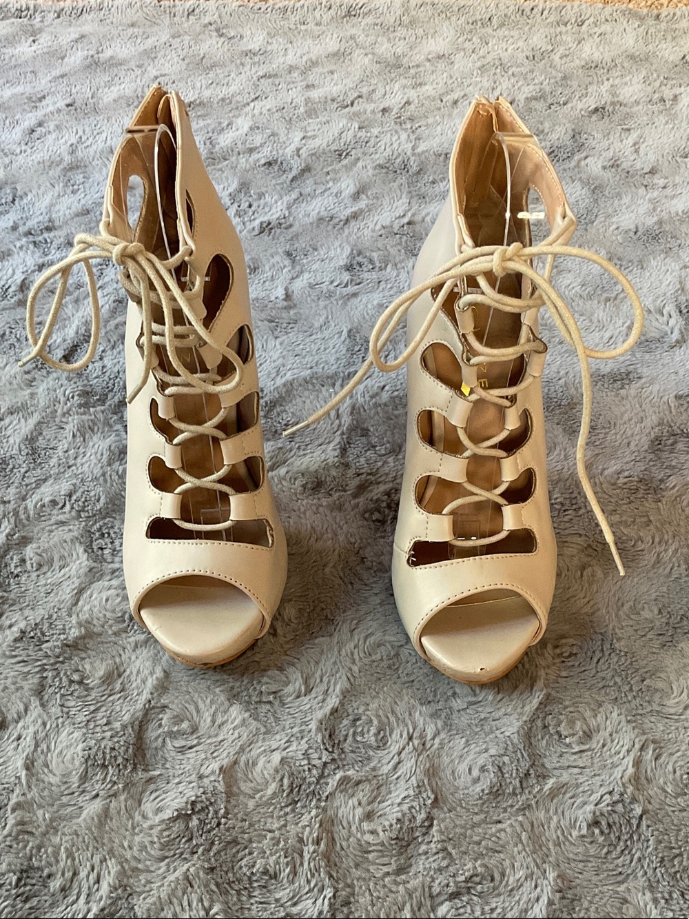 Glaze Lace-Up Cutout Peep-Toe Heels in Beige